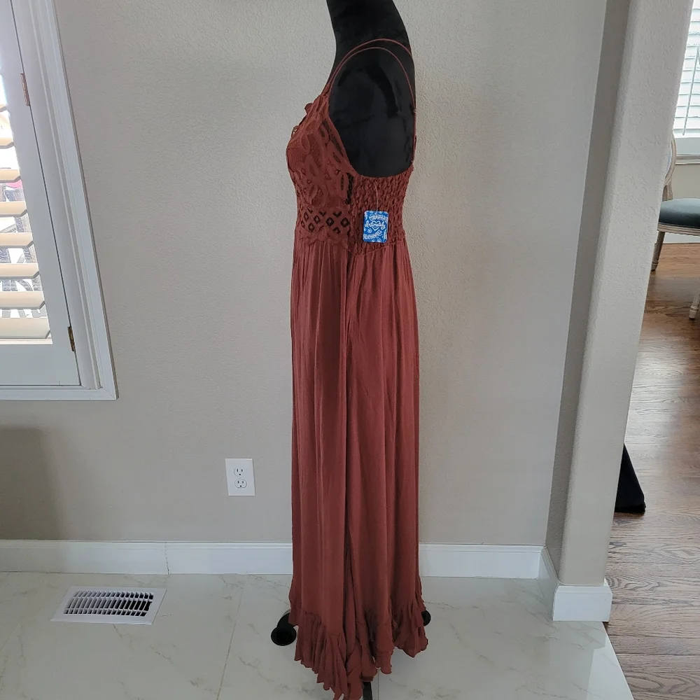 FP Free People One Adella Mocha Brown Maxi Slip Tiered Hem Dress L M - Picture 7 of 12